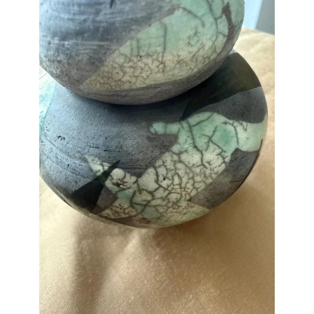 Lynn Dee Studio Pottery Raku Lidded Jar Green Grey Abstract Leaf Signed Art Ware